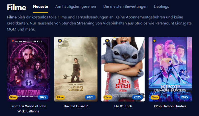 Screenshot der Filmpalast-Benutzeroberfläche die verschiedene Filmtitel und Serienepisoden anzeigt